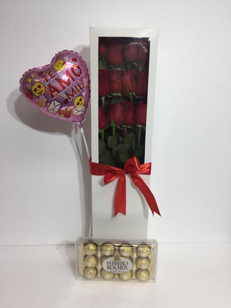 Caja con 12 Rosas más Bombones Ferrero Rocher de 150 Grs y Globito